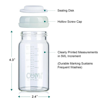 COMI Wide Neck Glass Breastmilk Collection n Storage Bottle, 6oz with Screw Ring Sealing Disk;