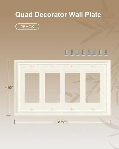 2-Pack Quad Decorator Wall Plate, Light Almond Decorative Switch Plates and Outlet Covers, Natural