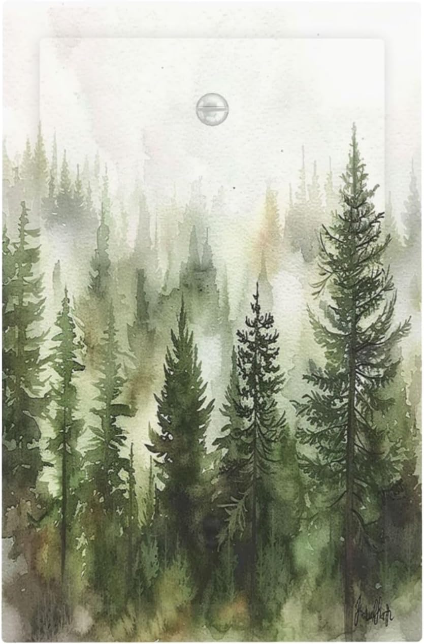 Light Switch Cover Plate Green Forest Watercolor Painting Foggy Pine 1 Gang No Device Blank