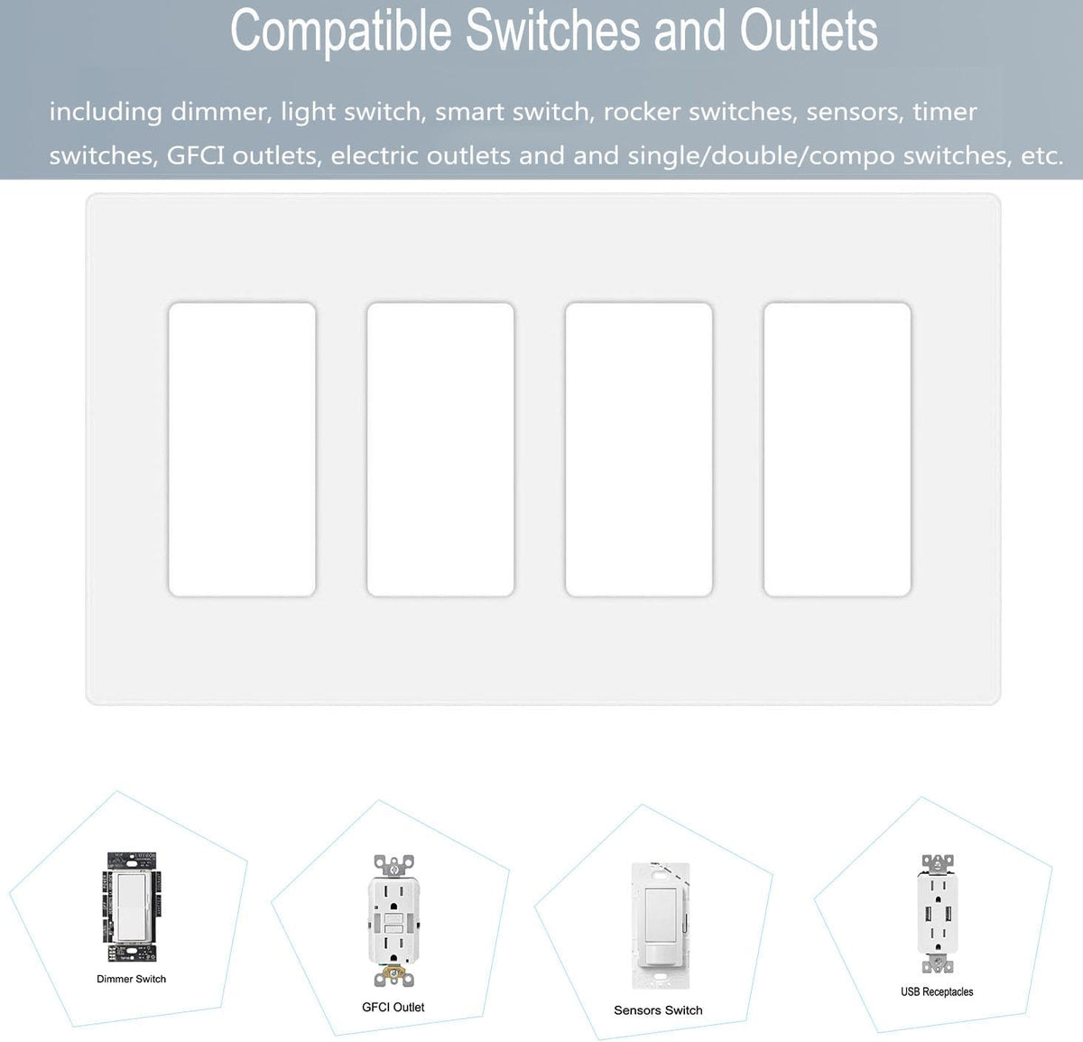 4-Gang Screwless Decora Wall Plate Cover Switch Outlet Electrical Faceplate for Light Switche