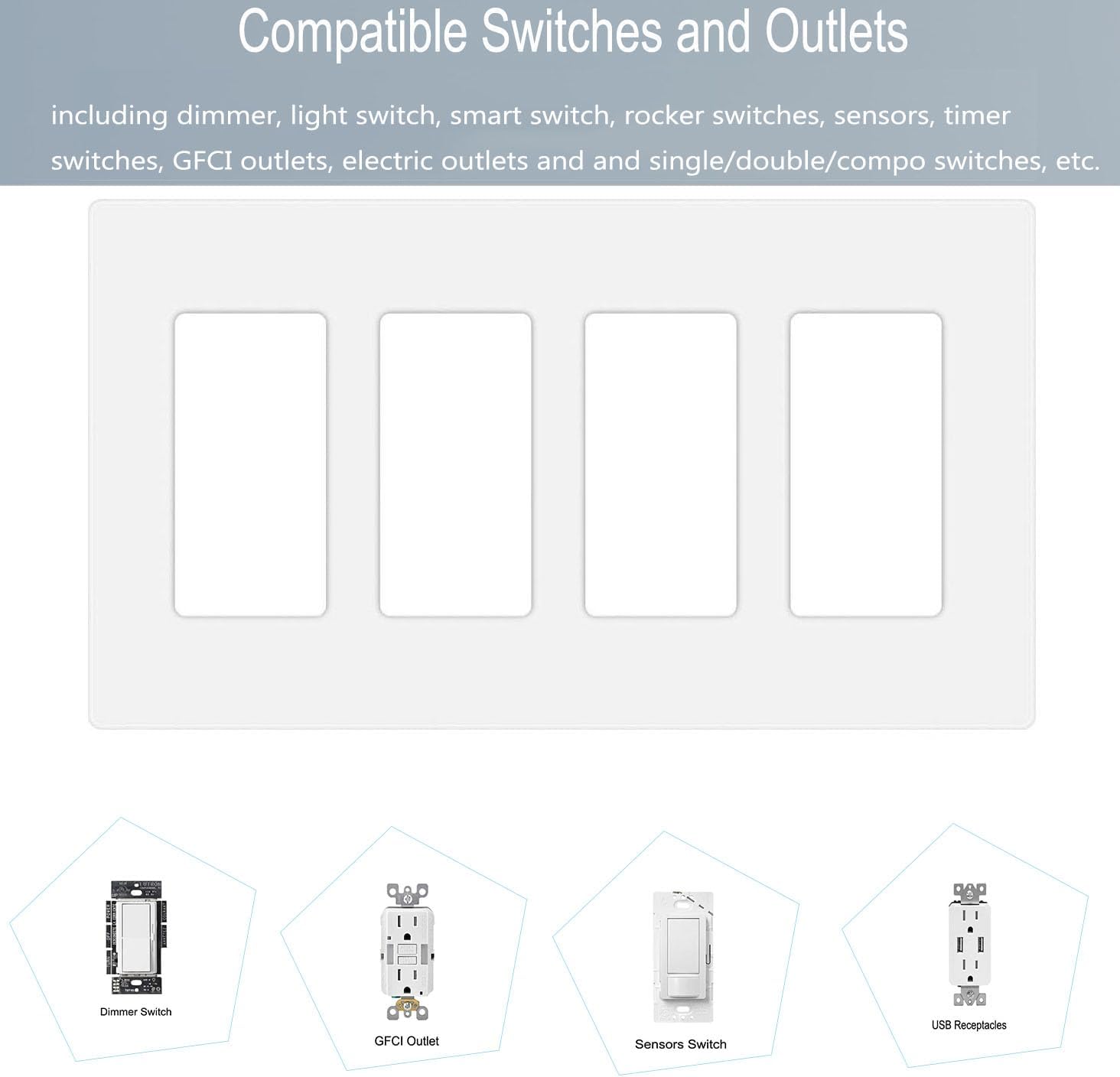 4-Gang Screwless Decora Wall Plate Cover Switch Outlet Electrical Faceplate for Light Switche