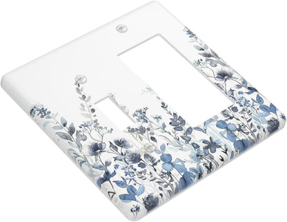Outlet Covers Light Blue Watercolor Leaves Plant With Floral 1 Toggle 1 Rocker Combination