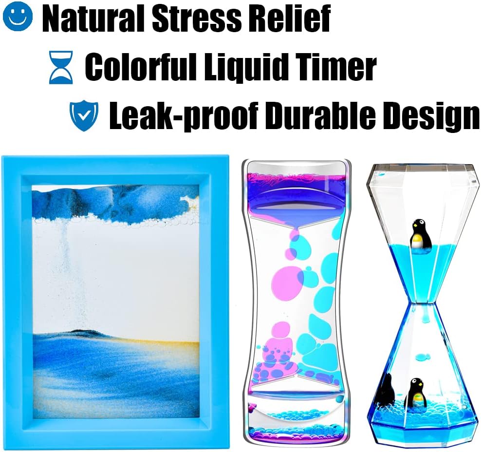 Liquid Motion Bubbler & Diamond Shaped Penguin Liquid Timer and Moving Sand Art Picture Pack of 3