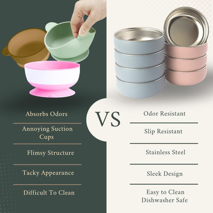 Monkey Proof™ Non-Toxic Stainless Steel Child Bowl 5” with Non-Slip Silicone Shell, (Set of 4