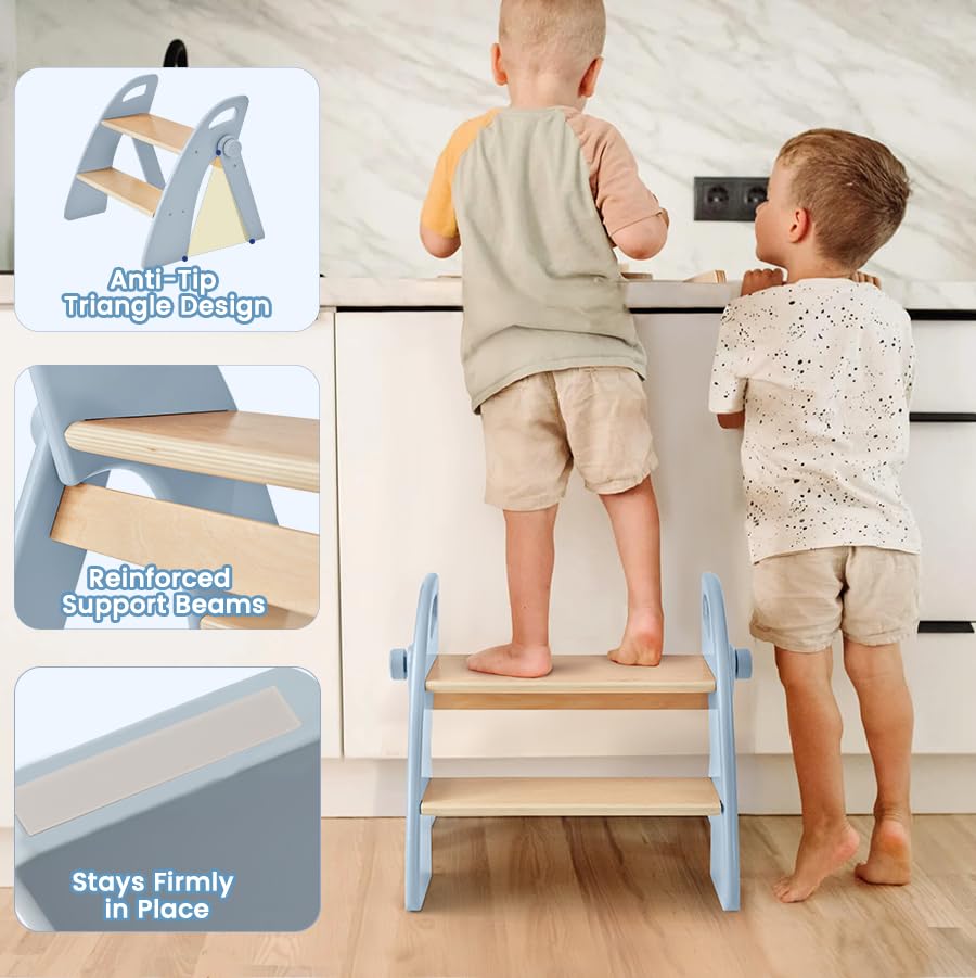 Reeple Wooden 2 Step Stool for Toddlers, Foldable 2-Step with Non-Slip Pads and Handles, Bamboo