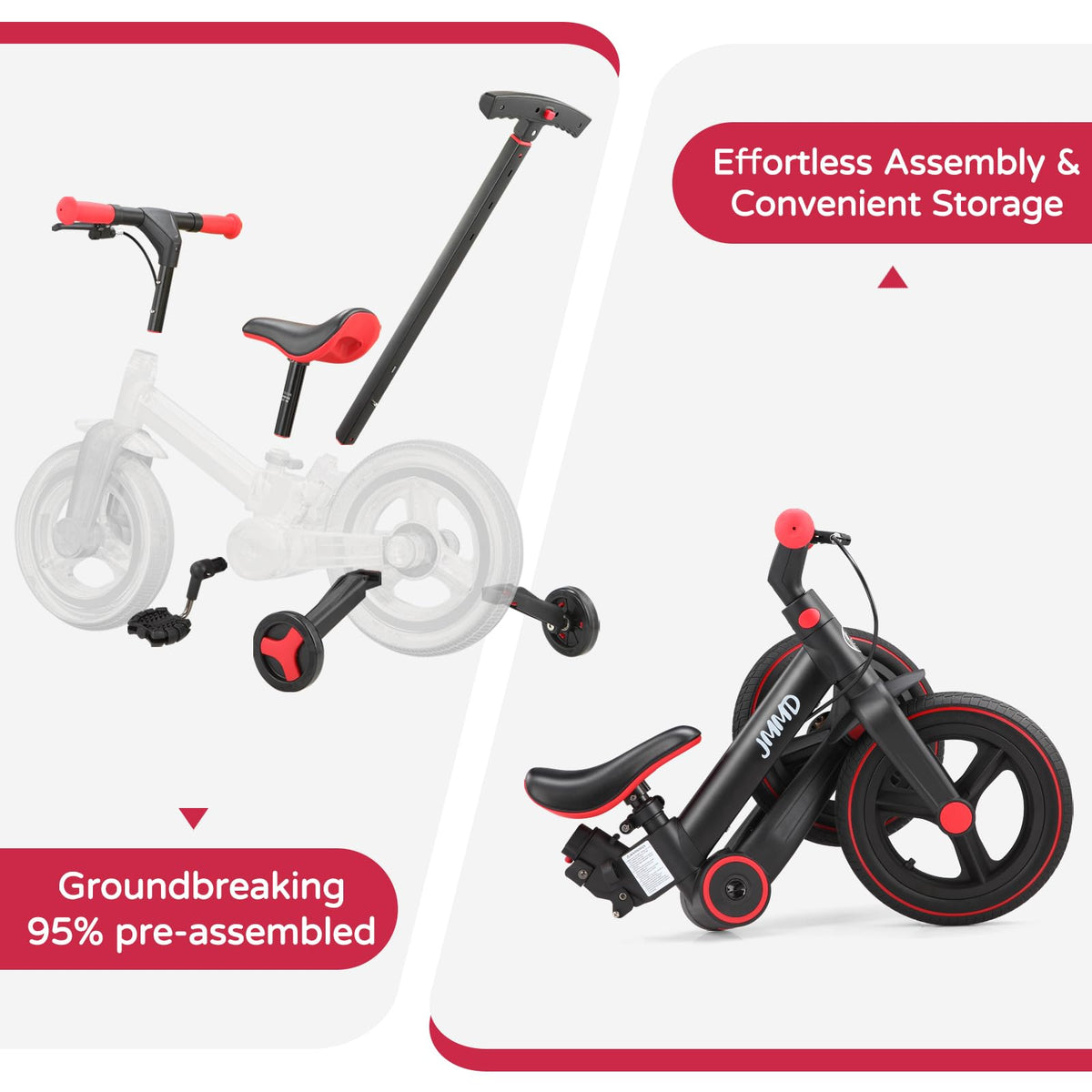 JMMD 6 in 1 Toddler Bike with Push Handle for Kids 18-60 Months, 12" Foldable Balance Bike with