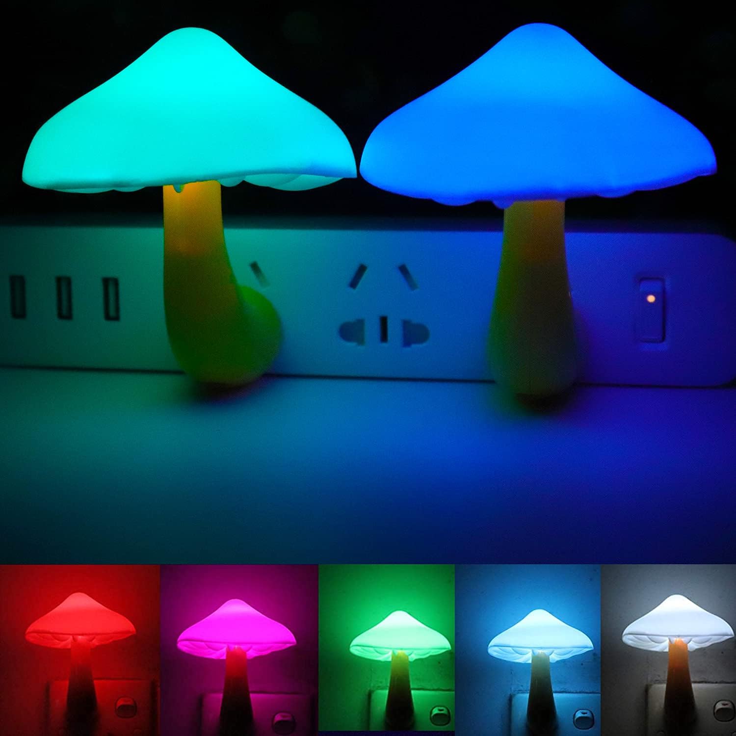 AUSAYE 2Pack LED Night Light Plug in Lamp 7-Color Changing Cute Mushroom Light Sensor Night Lights