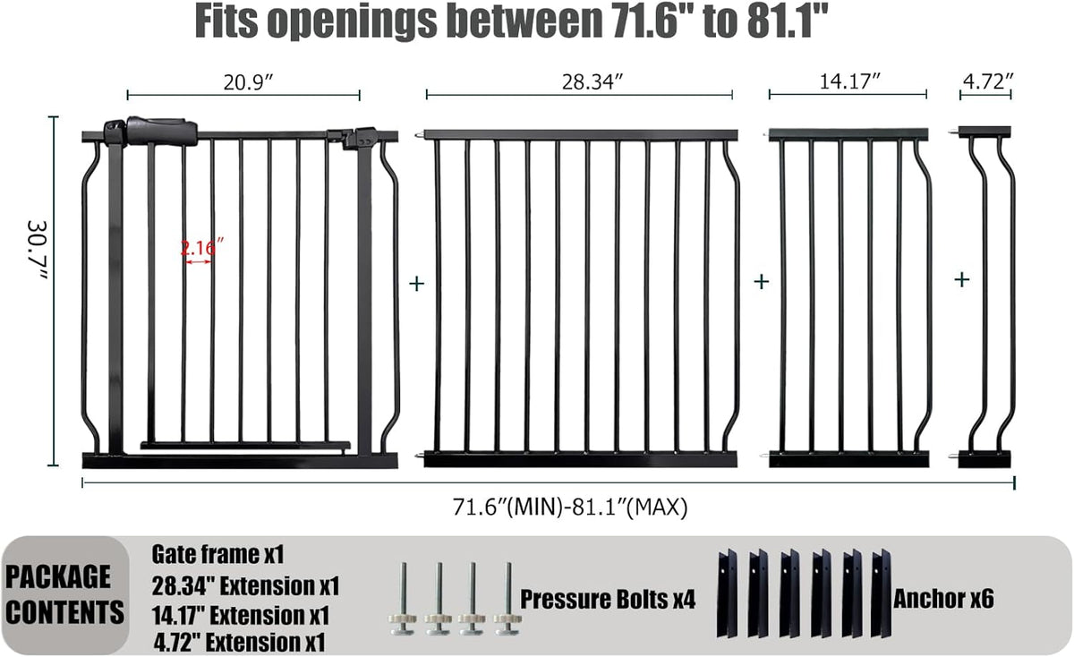 Heavy Duty Baby & Pet Safety Gate - Extra Wide 76.4-81.1 Inch, Black Metal, Pressure Mounted