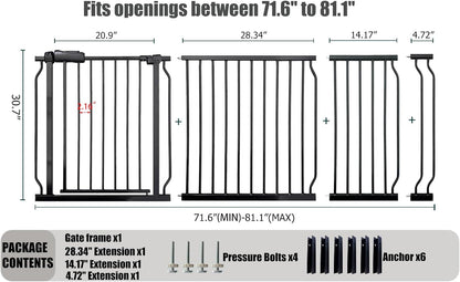 Heavy Duty Baby & Pet Safety Gate - Extra Wide 76.4-81.1 Inch, Black Metal, Pressure Mounted