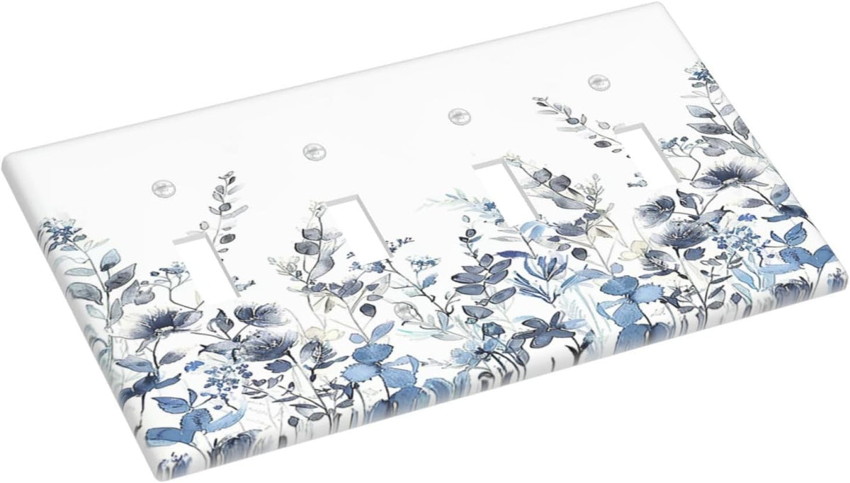 Light Switch Covers Light Blue Watercolor Leaves Plant With Floral Quad Toggle Electrical Faceplate