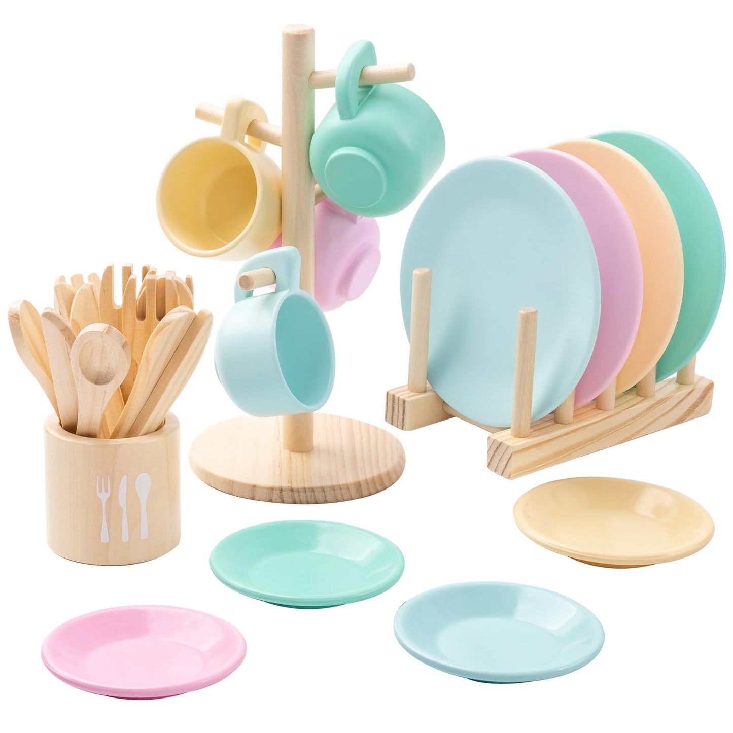GAGAKU Kids Wooden Play Dishes Set -27Pcs Montessori Play Kitchen Accessories Plates and Bowls Set