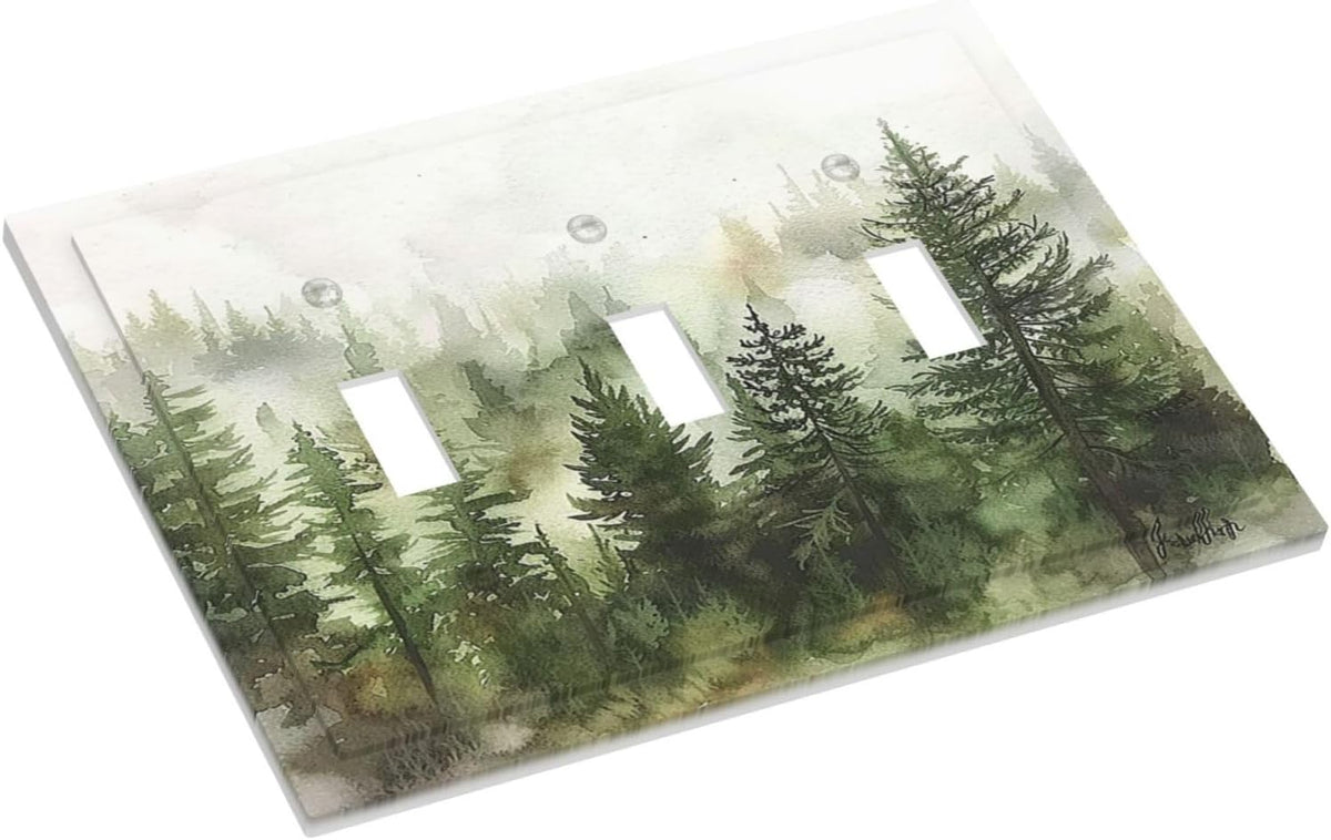 Decorative Switch Plates Green Forest Watercolor Painting Foggy Pine 3 Gang Wall Plate Triple