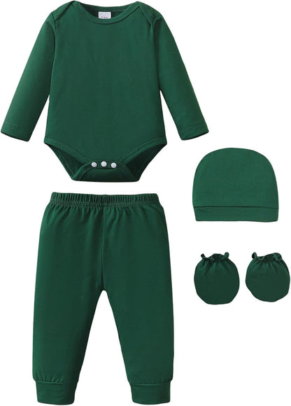 NZRVAWS Newborn Baby Boy Girl Clothes Unisex Infant Romper Pants Set Hat 4-Pack Outfits 0-12 Months