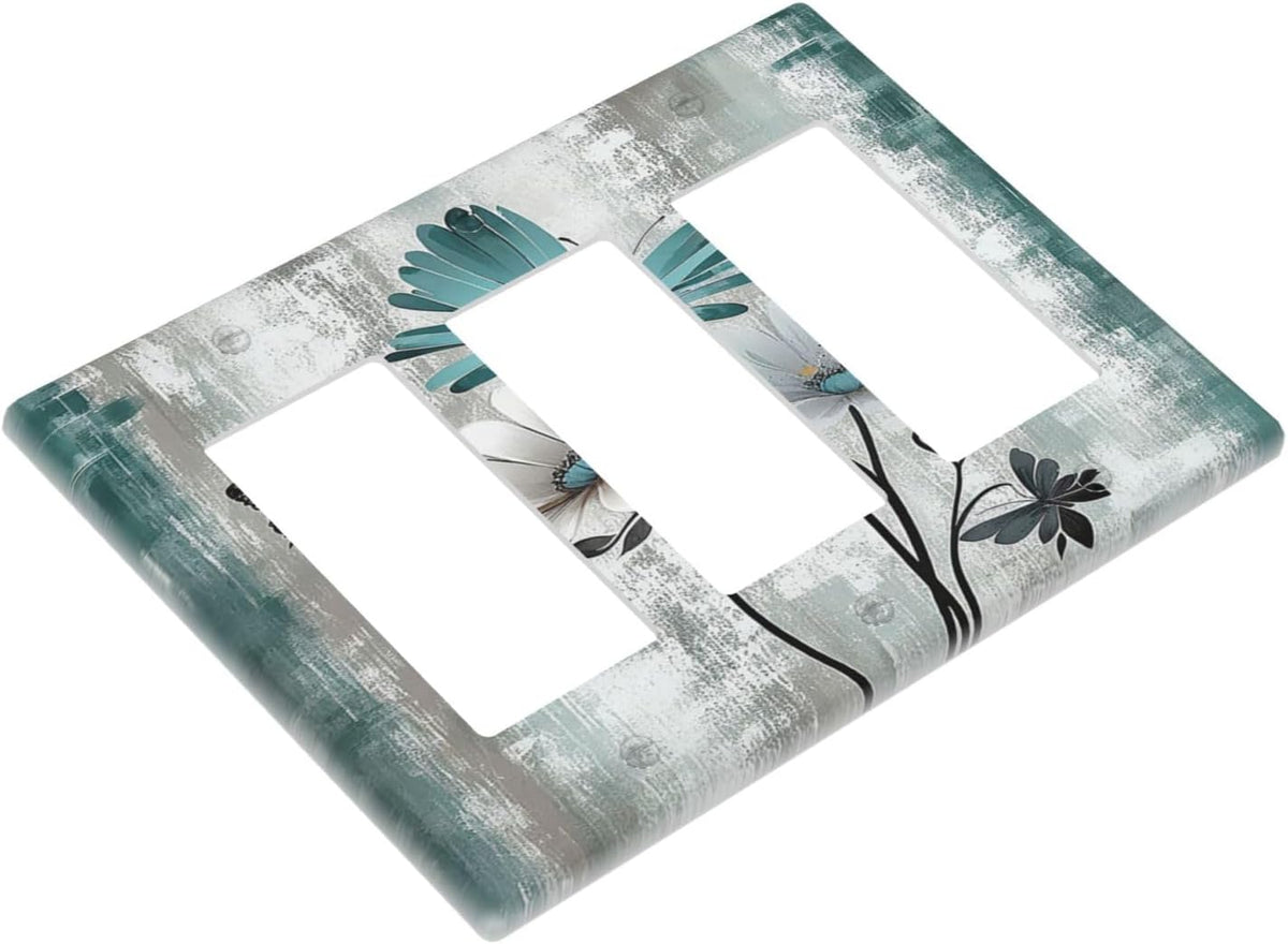 Light Switch Covers Rustic Teal Daisy Floral Flowers Butterfly Wood Grain 3 Gang Rocker Electrical