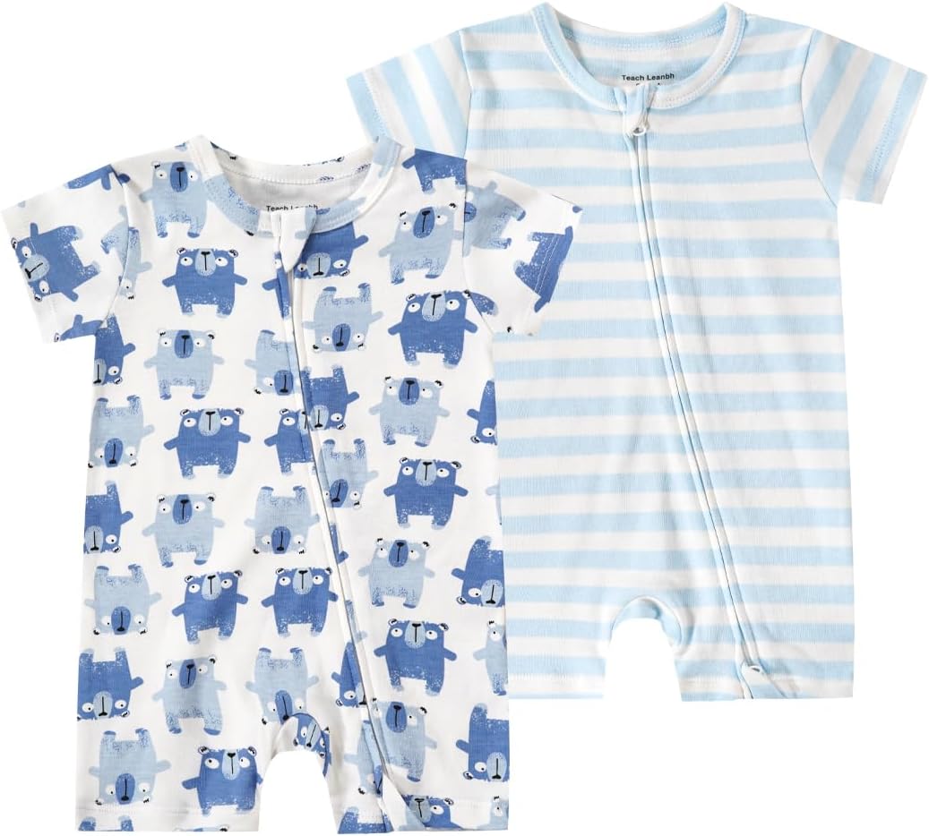 Teach Leanbh Unisex Baby 2 Pack Pajamas Cotton Short Sleeve 2 Way Zipper Printing Soild Romper