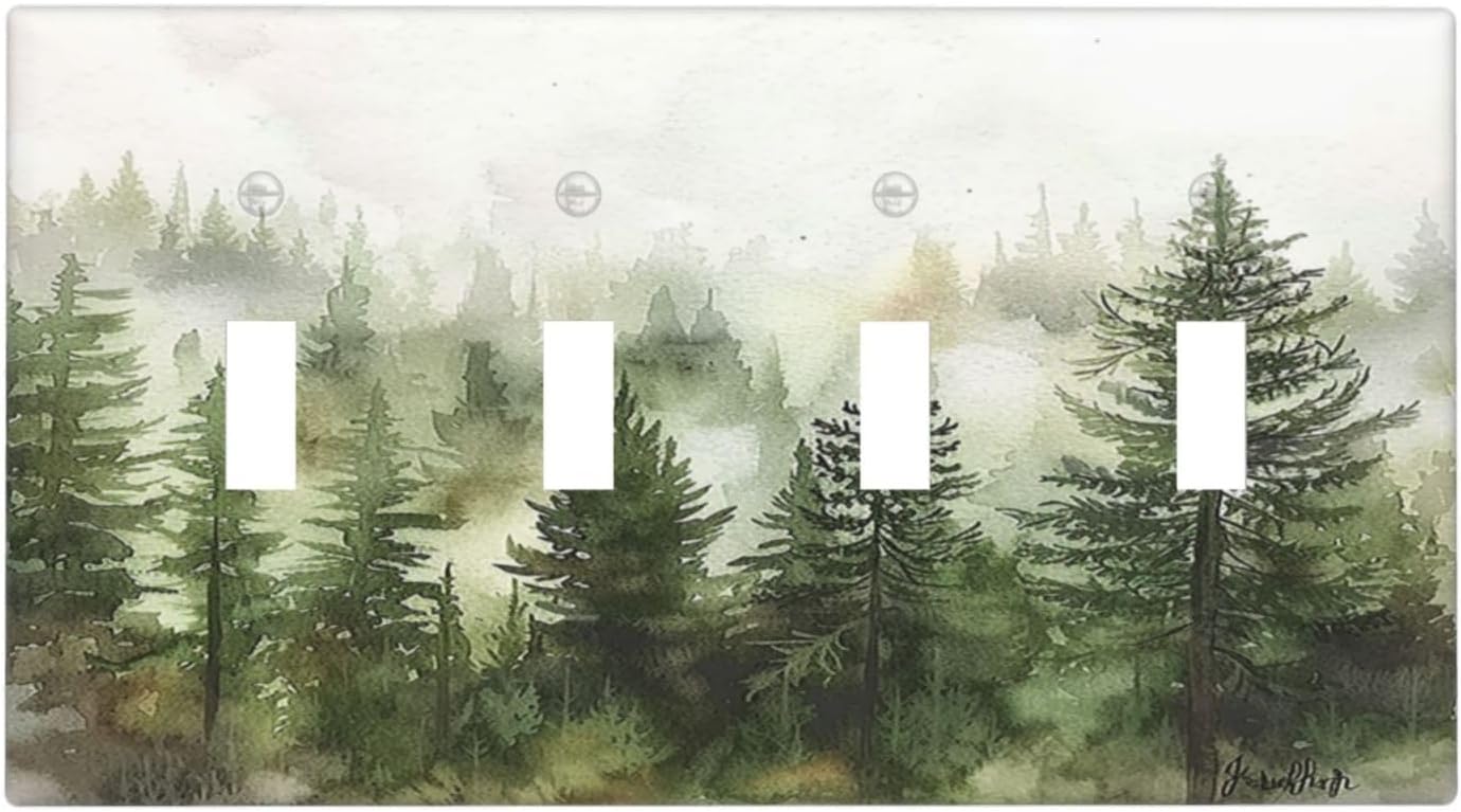 Light Switch Covers Green Forest Watercolor Painting Foggy Pine Quad Toggle Electrical Faceplate 4