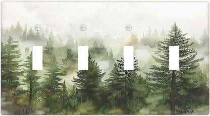 Light Switch Covers Green Forest Watercolor Painting Foggy Pine Quad Toggle Electrical Faceplate 4