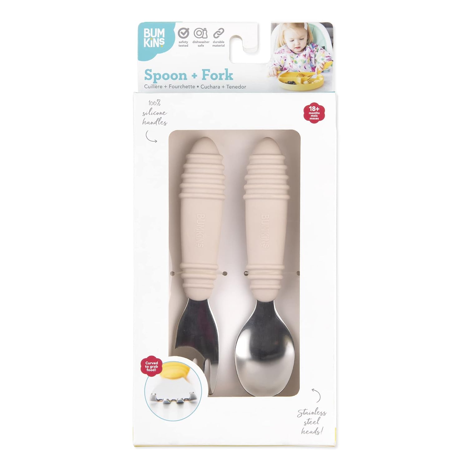 Bumkins Toddler Utensils, Kids Size Fork and Spoon Set, Silicone and Stainless-Steel Training
