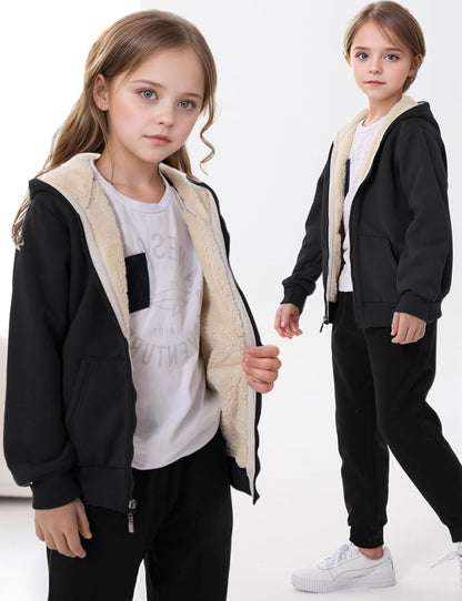 Gihuo Unisex Boy's Girls Winter Warm Sherpa Lined Zip Up Sweatshirt Fleece Jacket Kid's Hoodie