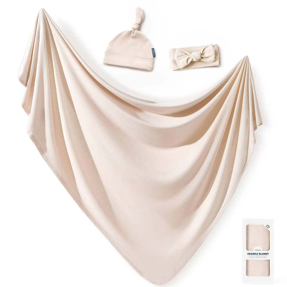 GRSSDER Newborn Swaddle Blanket, Ultra Soft Jersey Receiving Blanket with Matching Headband and