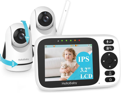 HelloBaby 3.2'' Baby Monitor2 Cameras, Video Audio Baby Monitor No WiFi, Remote Pan-Tilt-Zoom,AUTO