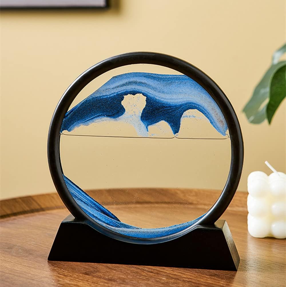 Moving Sand Art Picture in Motion Round Glass 3D Deep Sea Landscape, Calming Fidget Dynamic Sand