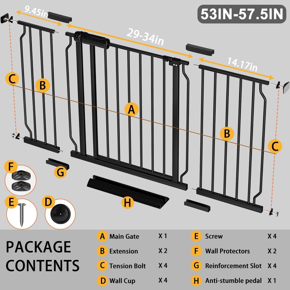 Fairy Baby Extra Wide Baby Gate Black 53-57.5 Inch Wide, Walk Through Pressure Mounted No Drill