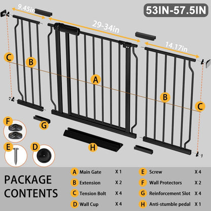 Fairy Baby Extra Wide Baby Gate Black 53-57.5 Inch Wide, Walk Through Pressure Mounted No Drill