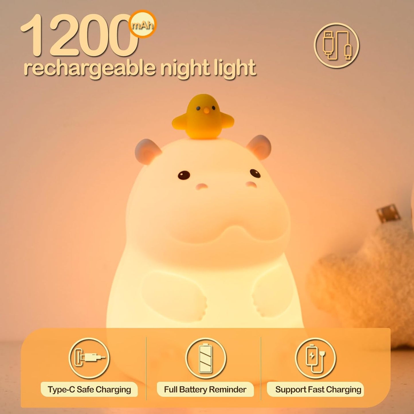 ATSUI Hippo Night Light, LED Squishy Novelty Animal Lamp, Food Grade Silicone, 2 Level Dimmable