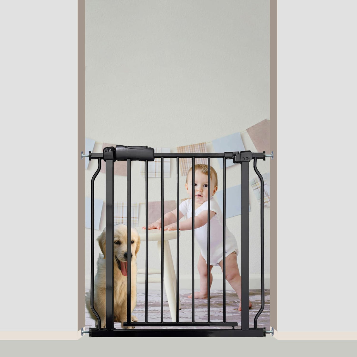 Walk Through Baby & Dog Gate 29-34 Inch, Tension Mounted No Drilling, Indoor Safety Gate for Stairs