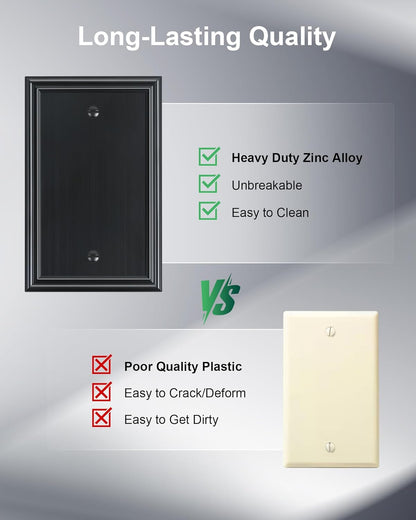 2-Pack Single Blank Wall Plates, Durable Solid Zinc Alloy Blank Outlet Covers, Decorative Black