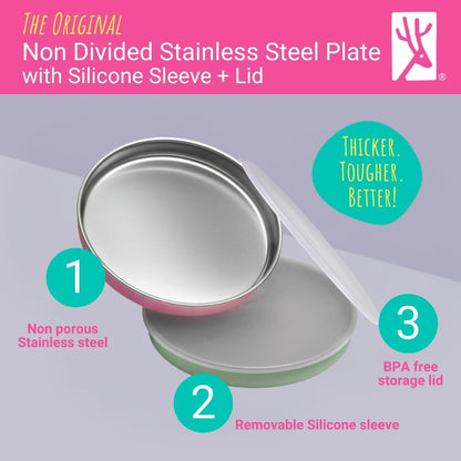 Elk and Friends 7.8” Stainless Steel Non Divided Plates with Silicone Sleeve + Storage Lid | Baby