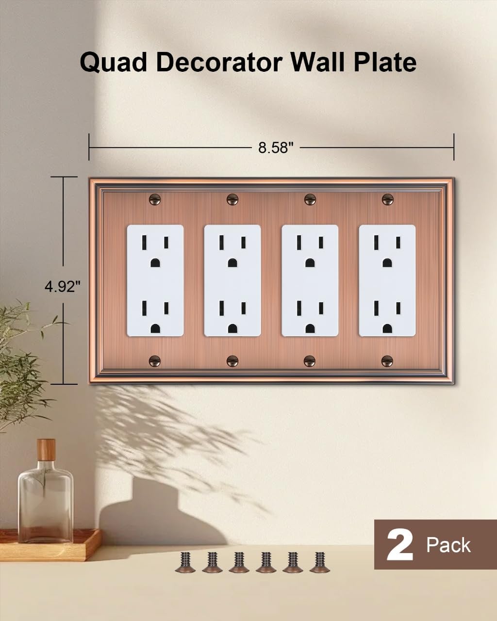 2-Pack Quad Decorator Outlet Cover Plate, Zinc Alloy Antique Copper Switch Plates and Outlet