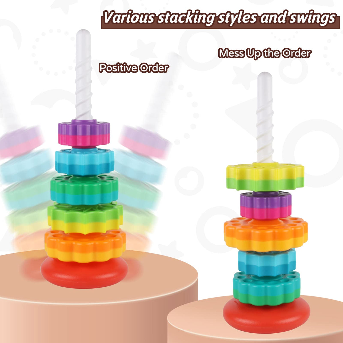 JUXUE Baby Spinning Stacking Toys for Toddlers 1-3, Rainbow Ring Stacker Montessori Toys for Babies