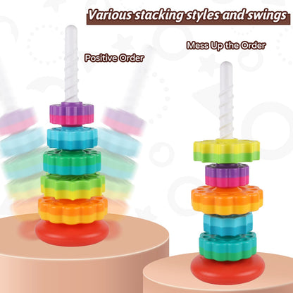 JUXUE Baby Spinning Stacking Toys for Toddlers 1-3, Rainbow Ring Stacker Montessori Toys for Babies