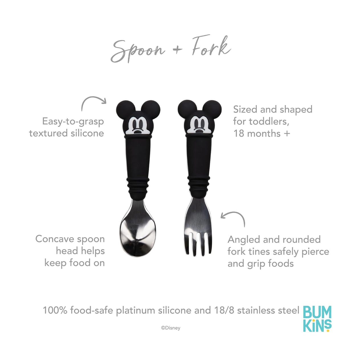 Bumkins Disney Toddler Utensils, Kids Size Fork and Spoon Set, Silicone and Stainless-Steel