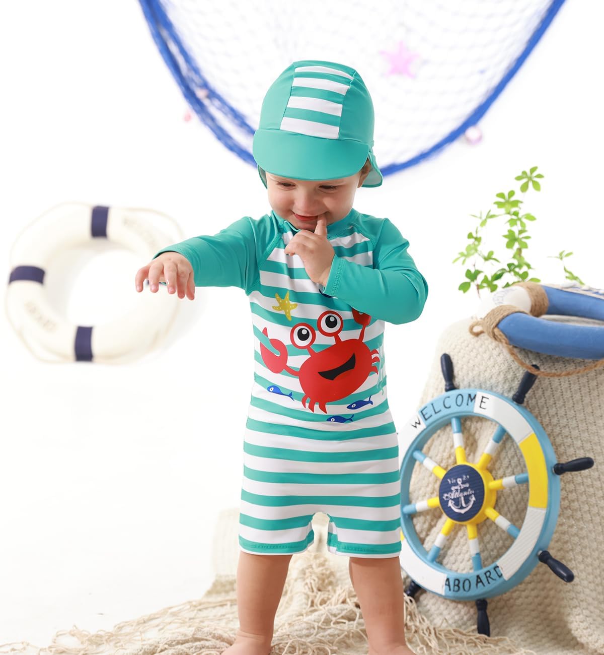 uideazone Baby Boys One Piece Swimsuit Long Sleeve UPF 50+ Rash Guard Bathing Suit Swimwear with