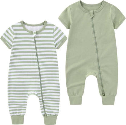 2 Pack Unisex Baby Short Sleeve Rompers 2 Way Zipper New Born One-Piece Jumpsuits 0-24Months Infant