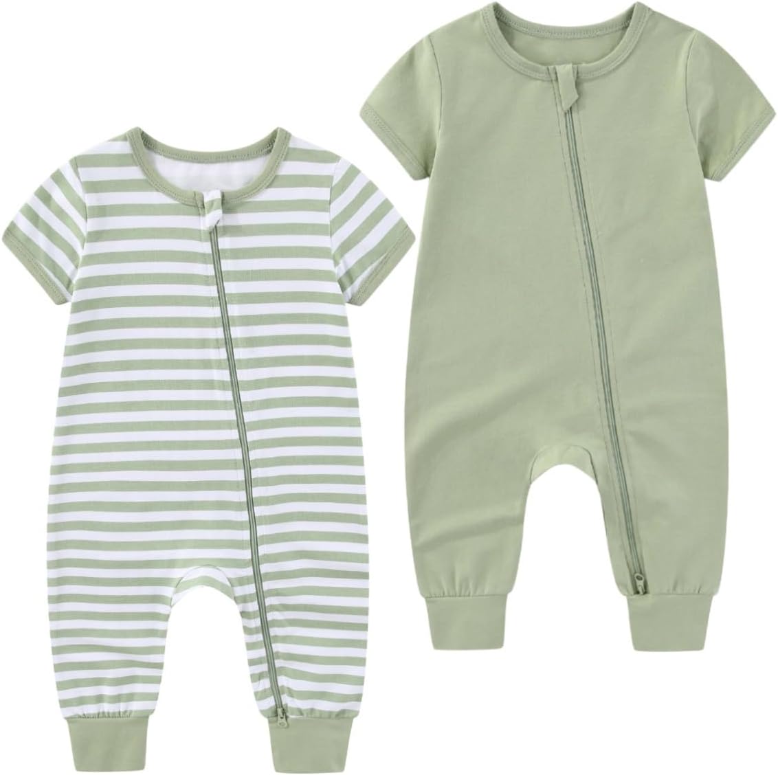 2 Pack Unisex Baby Short Sleeve Rompers 2 Way Zipper New Born One-Piece Jumpsuits 0-24Months Infant