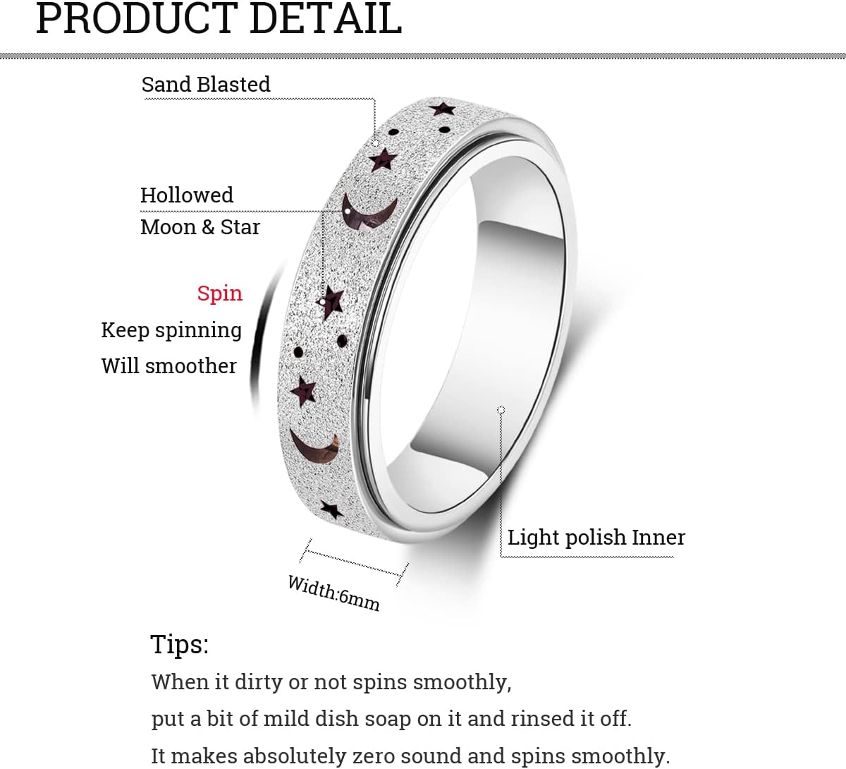 Anxiety Ring for Women Men, Titanium Stainless Steel Spinner Ring, 5 Colors, 6MM, Size 6-10, 3