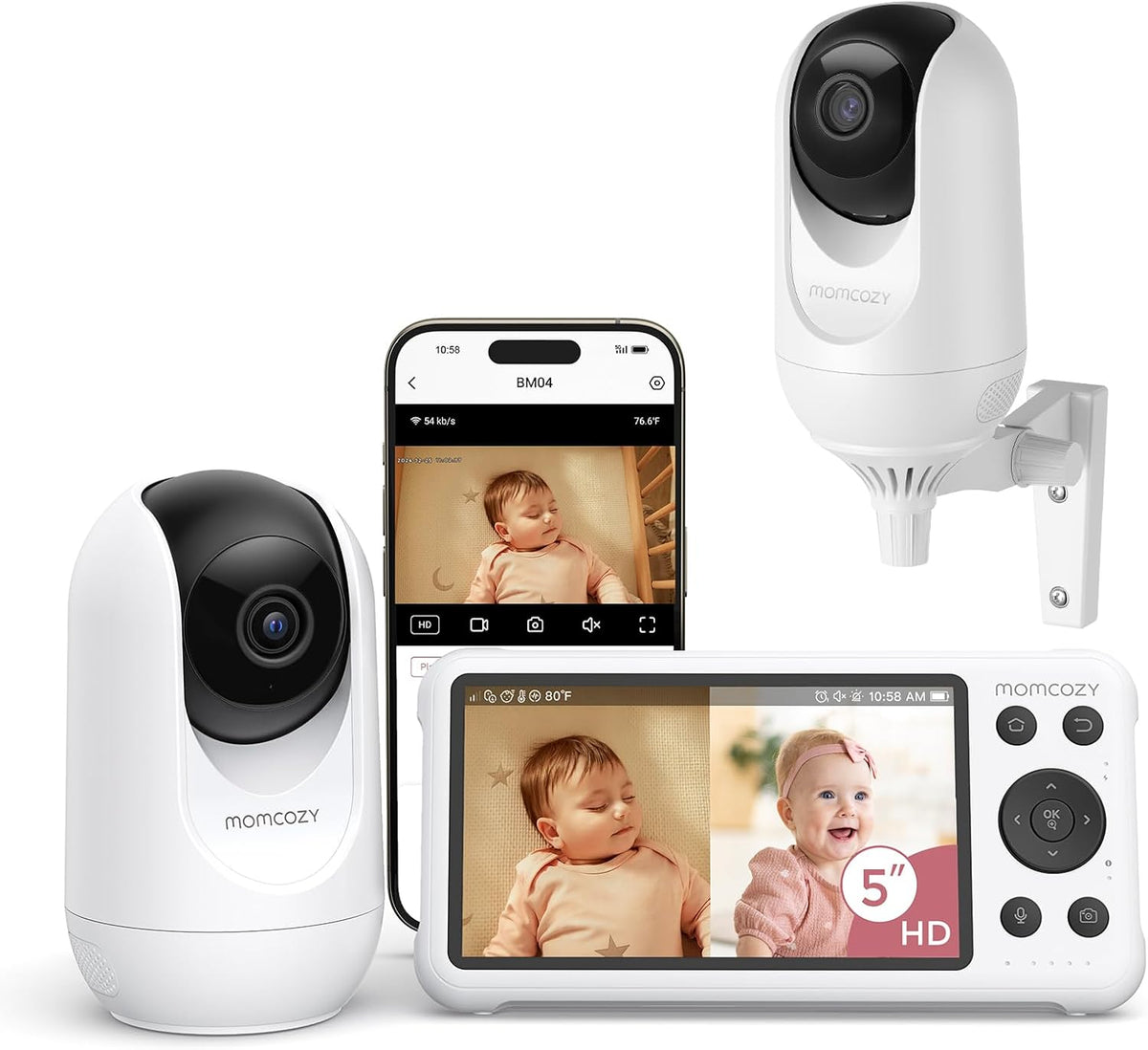 Momcozy BM04 Smart WiFi Baby Monitor with 2 Cameras, 5’’ 1080P Split Screen Video Baby Monitor with