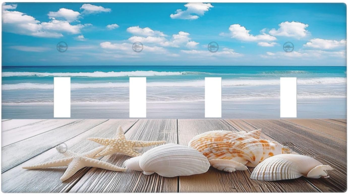 Light Switch Covers Beach Waves Brown Wood Starfish Shells Quad Toggle Electrical Faceplate 4 Gang