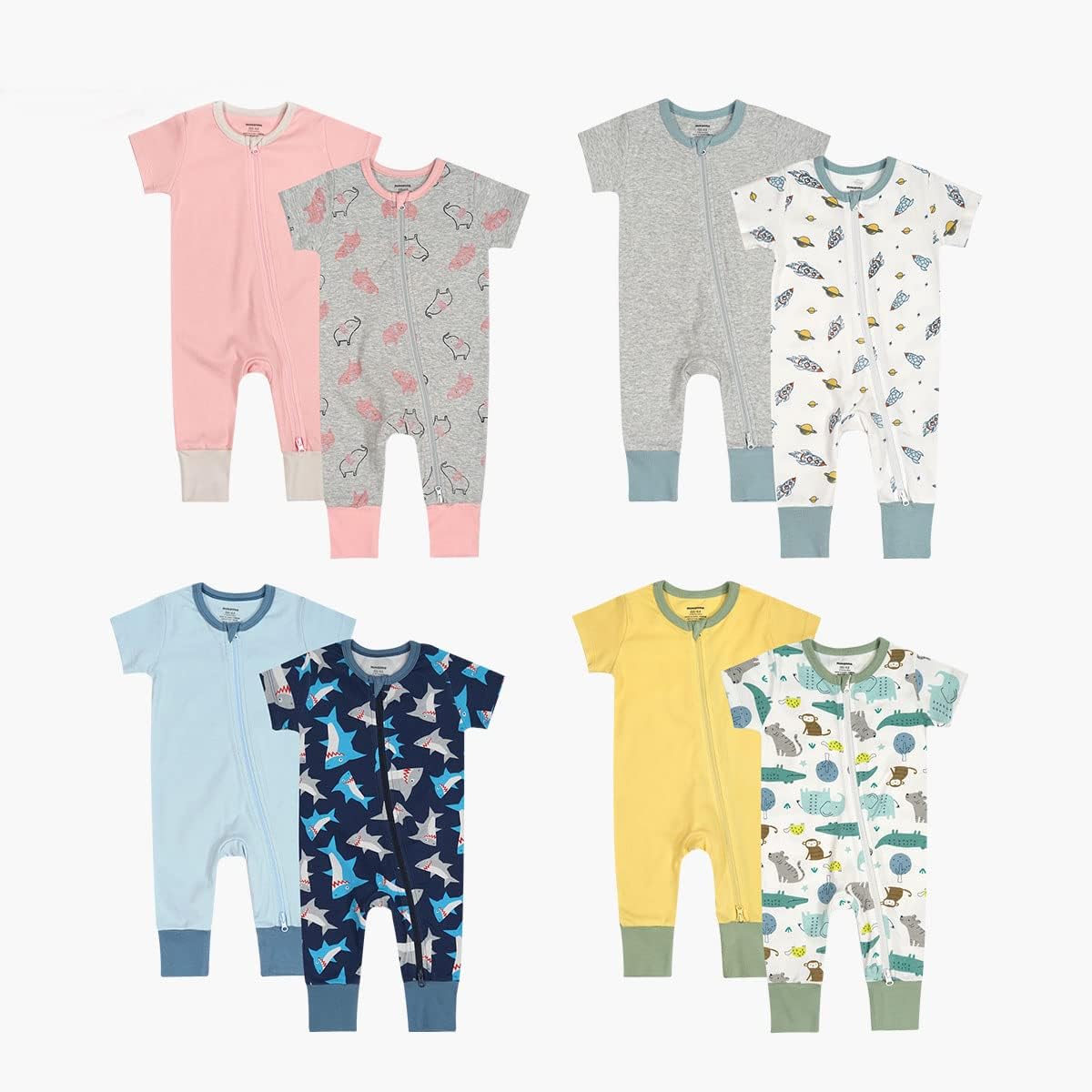 Teach Leanbh Baby Boys Girls 2 Pack 2 Way Zipper Footless Pajamas Cotton Short Sleeve Printing