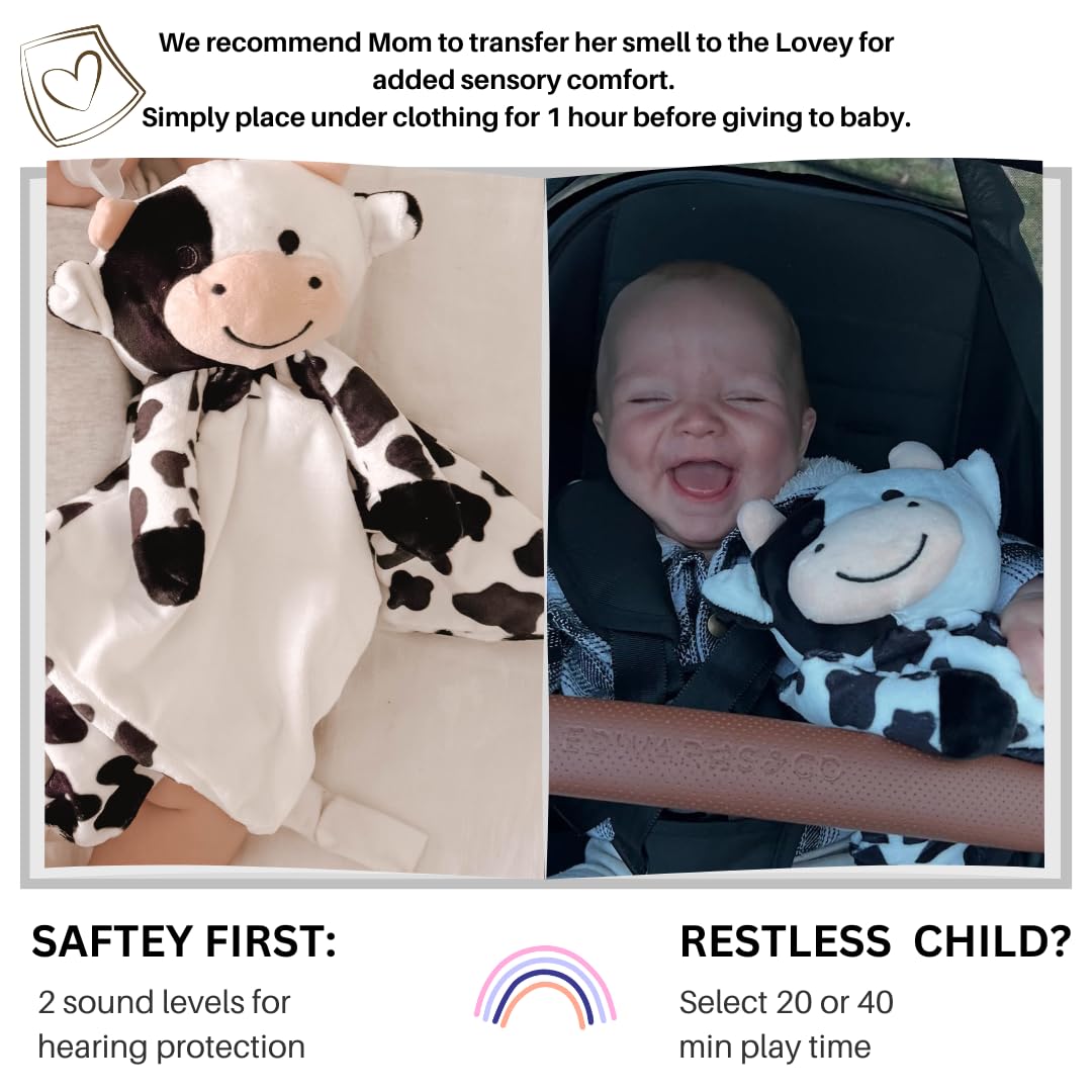 Love By Emi Baby Music Lovey Black & White Cow, Baby Sleep Soother for Crib & Cuddle Bedtime, White