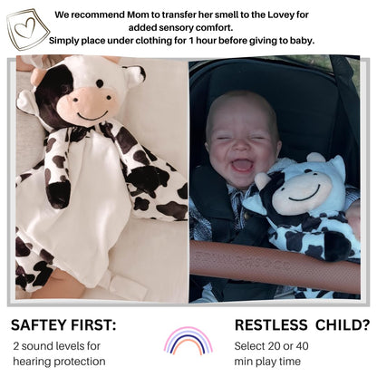 Love By Emi Baby Music Lovey Black & White Cow, Baby Sleep Soother for Crib & Cuddle Bedtime, White