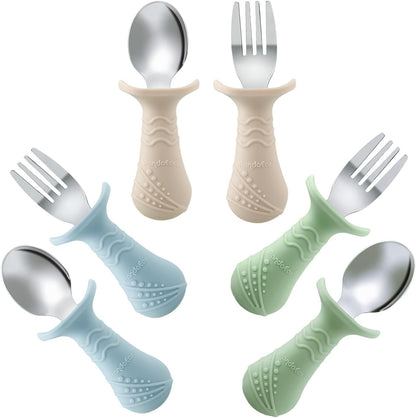 PandaEar Baby Toddler Fork and Spoon Utensil Set, 6 Pack Silicone Stainless Steel Silverware Spoon