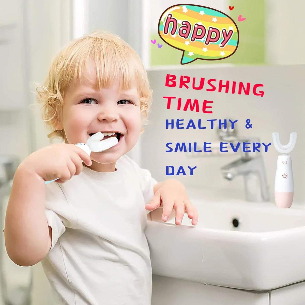 Kids Electric Toothbrush，U Shaped Toothbrush Waterproof Battery Powered 360 Automatic Sonic Toddler