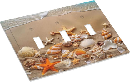 Decorative Switch Covers Plate Beachy Sea Ocean Seashell Starfish 3 Gang Artistic Wall Plate Unique