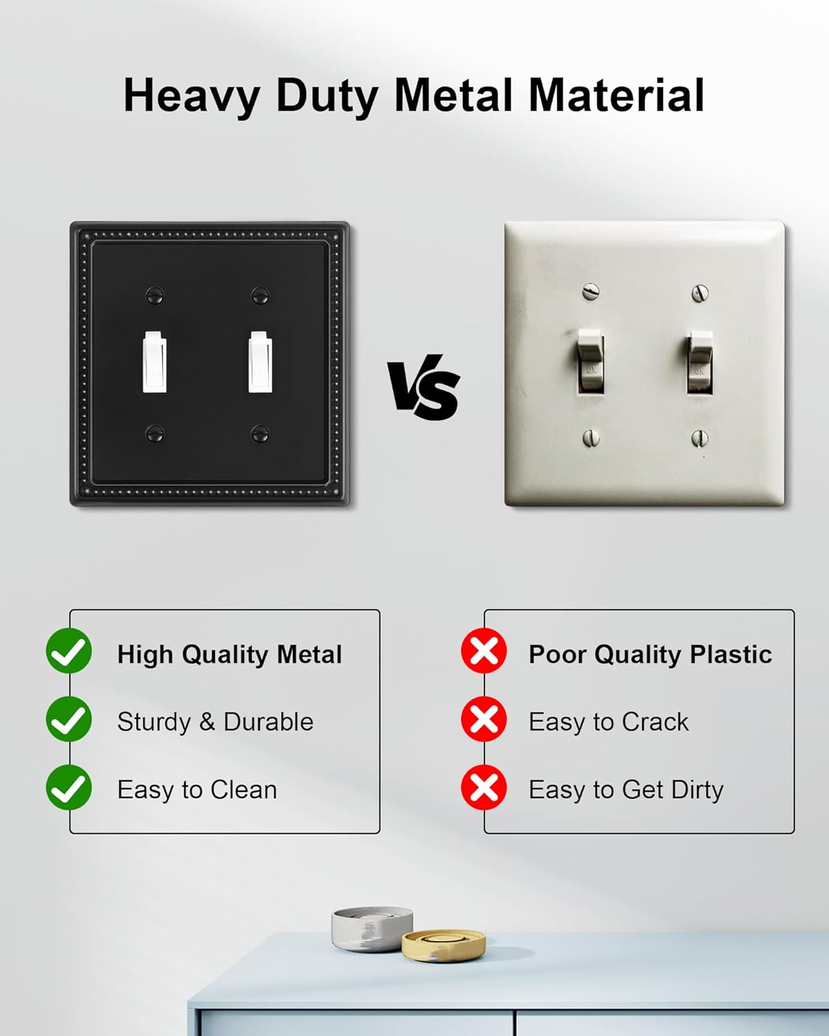 2-Pack Double Toggle Light Switch Cover Plate, Black Pearls Decorative Dual Switch Plate Covers, 2
