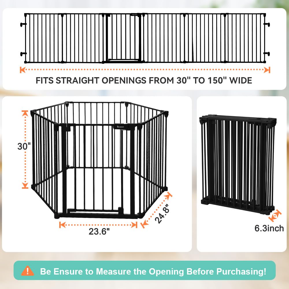 COMOMY 150" Extra Wide Baby Gate with Door, Dog Gates for The House Doorways Fireplace, Auto Close